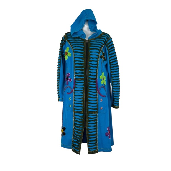 Boho Hippie Hooded Jacket Colorful Embroidered Flowers Cutout Design Size Large - Picture 7 of 11